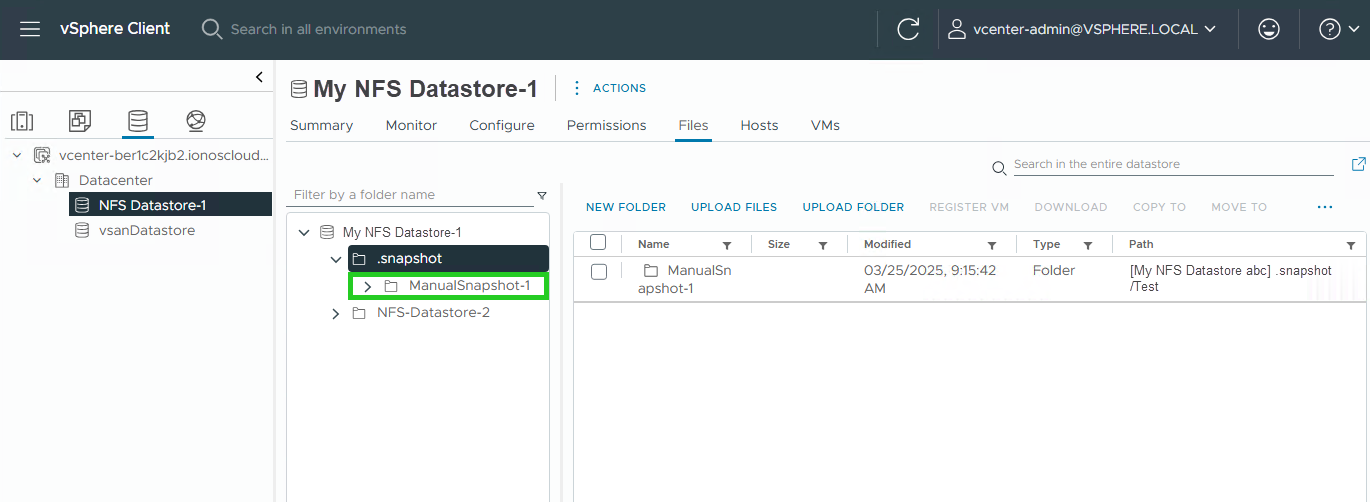 Screenshot: The vSphere Client is displayed. In the navigation bar, located below the Summary menu item, a snapshot in the .snapshot folder is highlighted.