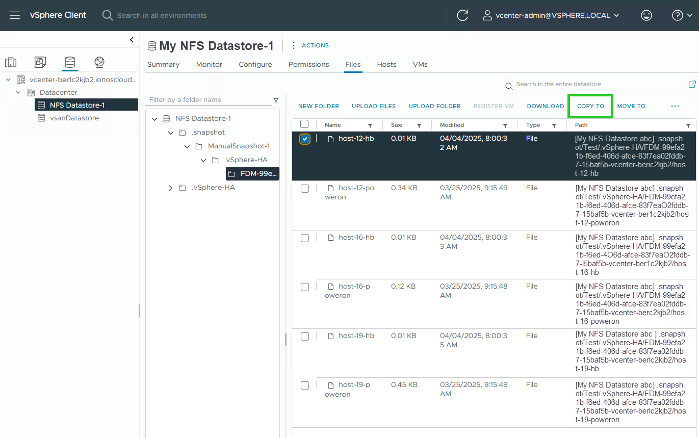 Screenshot: The vSphere Client is displayed. A file is selected in a folder of the snapshot. The COPY TO button is highlighted.