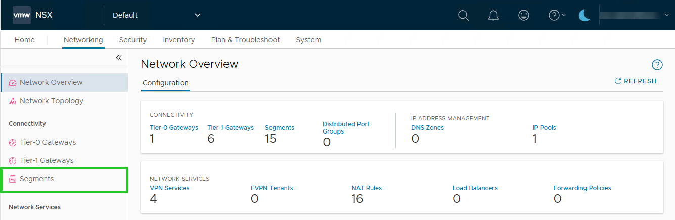 Screenshot: The Networking tab is displayed in NSX Manager. In this section, the Segments menu item is highlighted in the left navigation bar.