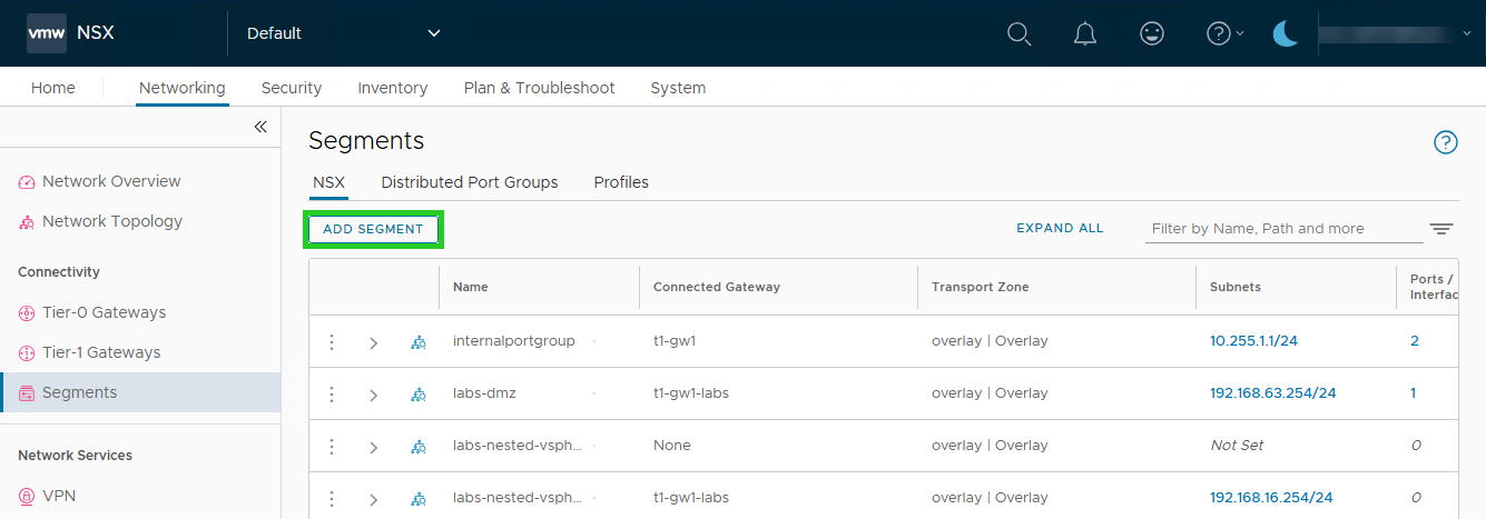 Screenshot: The NSX Manager displays the Networking > Segments section. In this section, the ADD SEGMENT button is highlighted in the NSX tab.