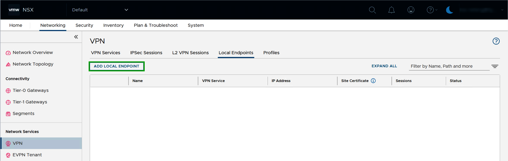 Screenshot: In NSX Manager, the Networking > VPN section is displayed. In this section, the ADD LOCAL ENDPOINT button is highlighted in the Local Endpoints tab.