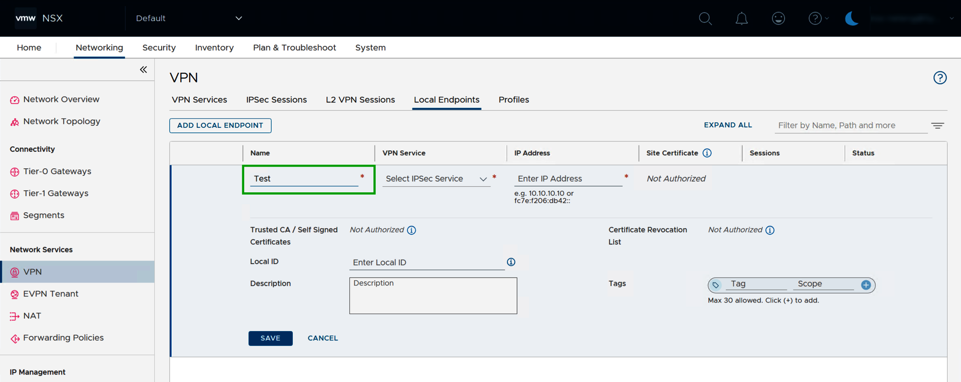 Screenshot: The Networking > VPN section is displayed in the NSX Manager. In this section, the Enter Name field is highlighted in the Local Endpoints tab in the input mask for a new local endpoint.