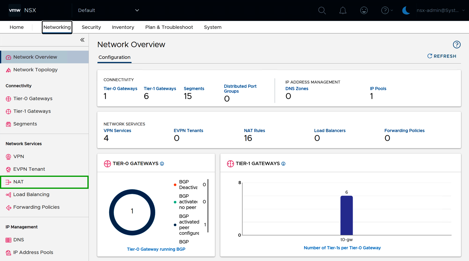 Screenshot: The Networking tab is displayed in NSX Manager. In this section, the NAT menu item is highlighted in the left navigation bar.