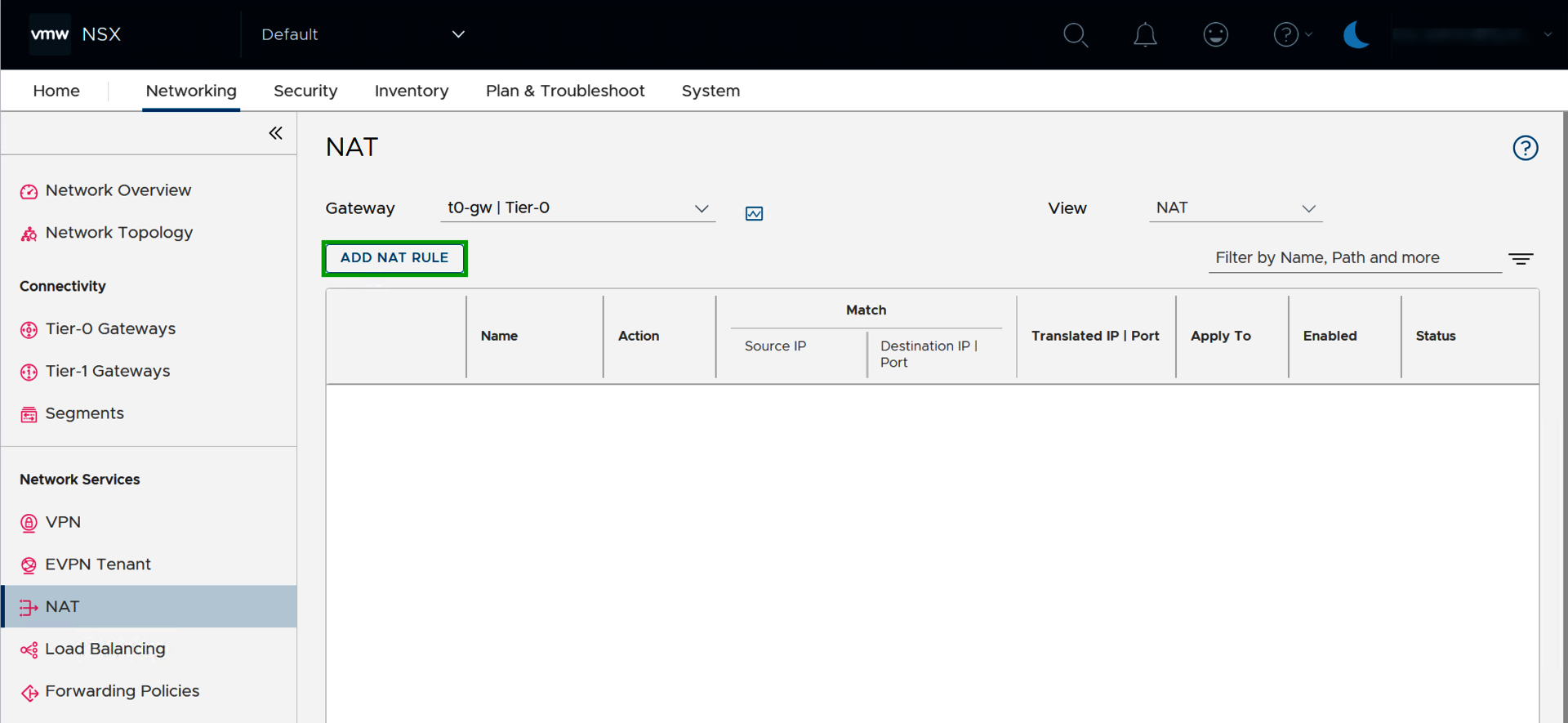 Screenshot: In NSX Manager, the Networking > NAT tab is displayed. The ADD NAT RULE button is highlighted.