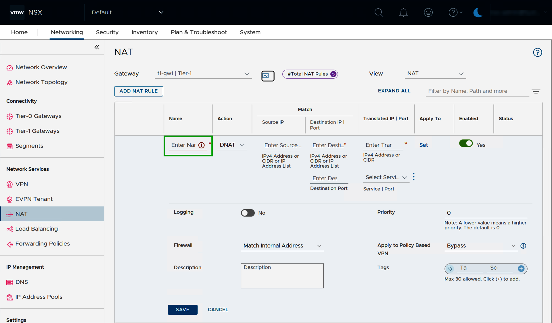 Screenshot: The Networking > NAT tab is displayed in the NSX Manager. In this area, the Enter Name field is highlighted in the input mask for a new NAT rule.