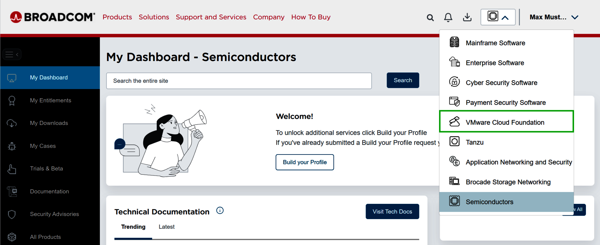 The VMware Cloud Foundation is highlighted in the Broadcom menu.