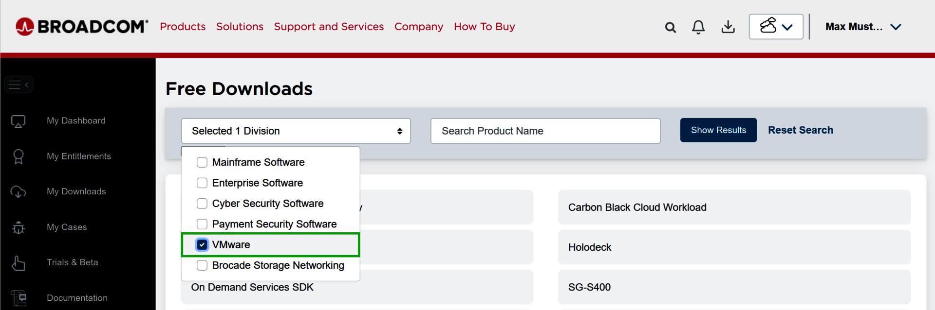 VMware is highlighted on the Free Downloads menu.