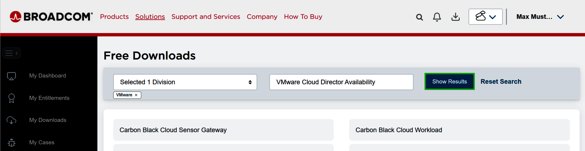 The Show Results button is highlighted on the Free Downloads page.