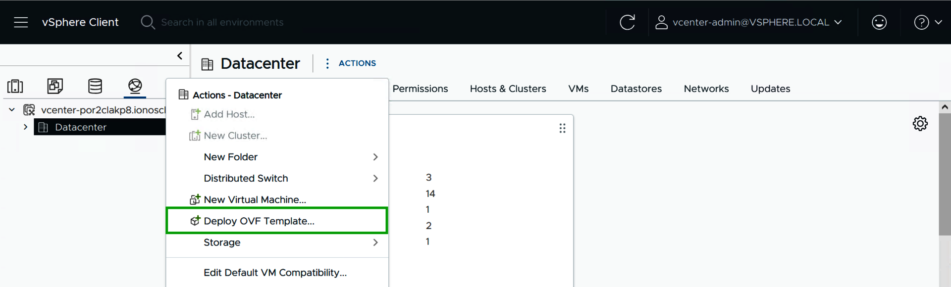 The Deploy OVF Template option is highlighted in the context menu.