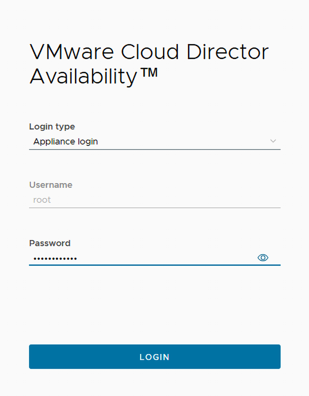 The VMware Cloud Director Availability web interface login.