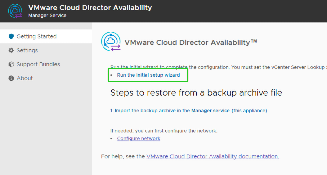The Run the initial setup wizard link is highlighted in VMware Cloud Director Availability.