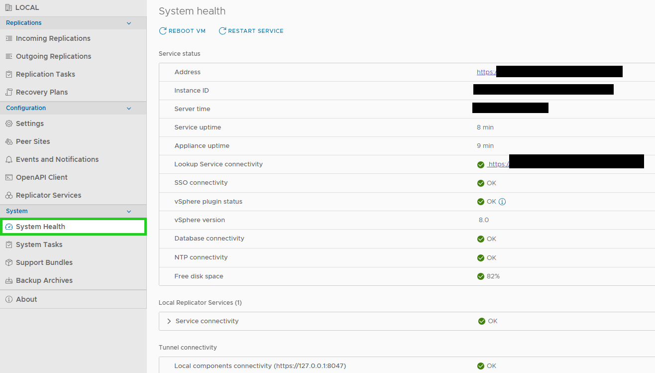 System Health is highlighted within the menu of VMware Cloud Director Availability.