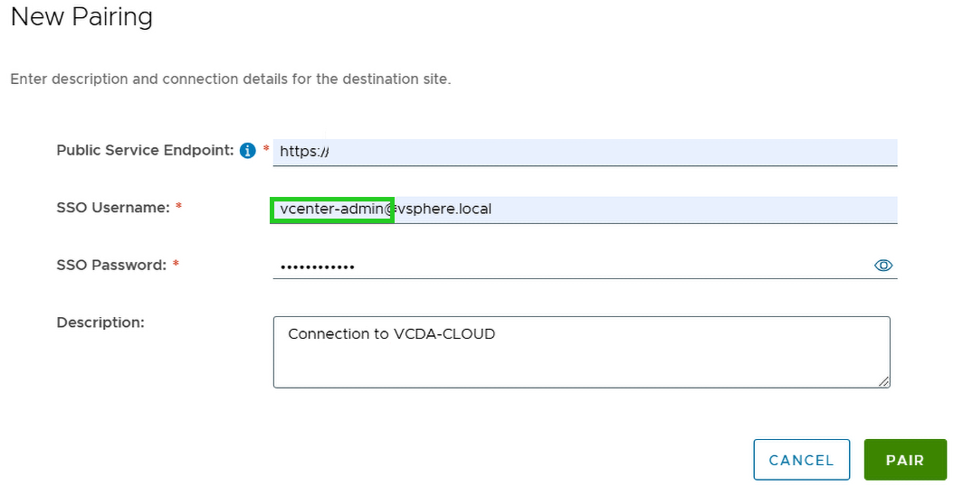 vcenter-admin is highlighted on the New Pairing page.