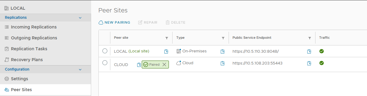 The Peer Sites page with detailed information about pairing between local and cloud sites.