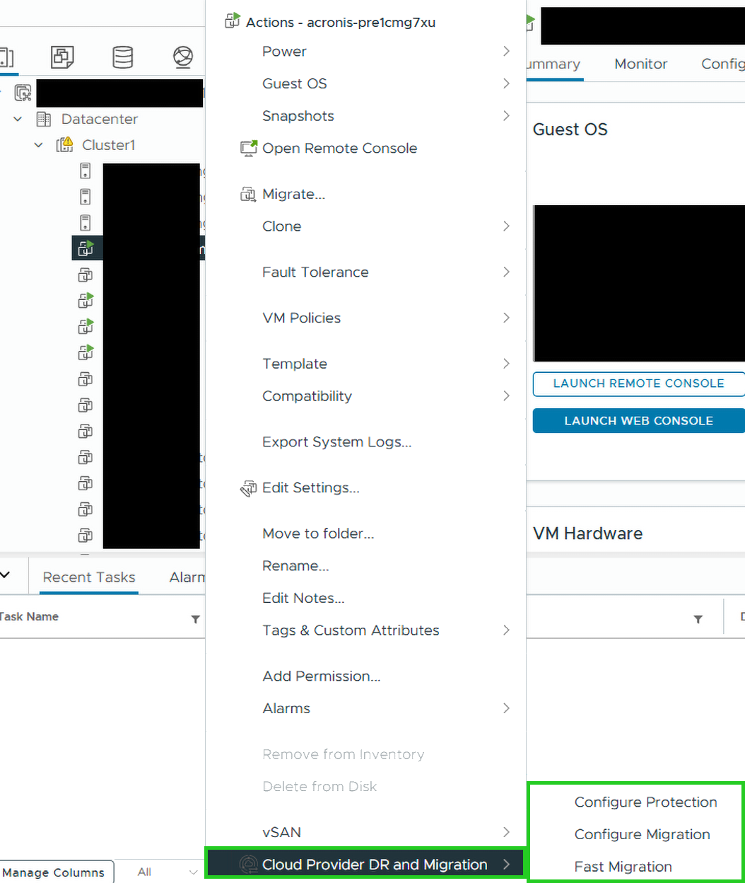 The Cloud Provider DR and Migration options are highlighted in the virtual server's context menu.
