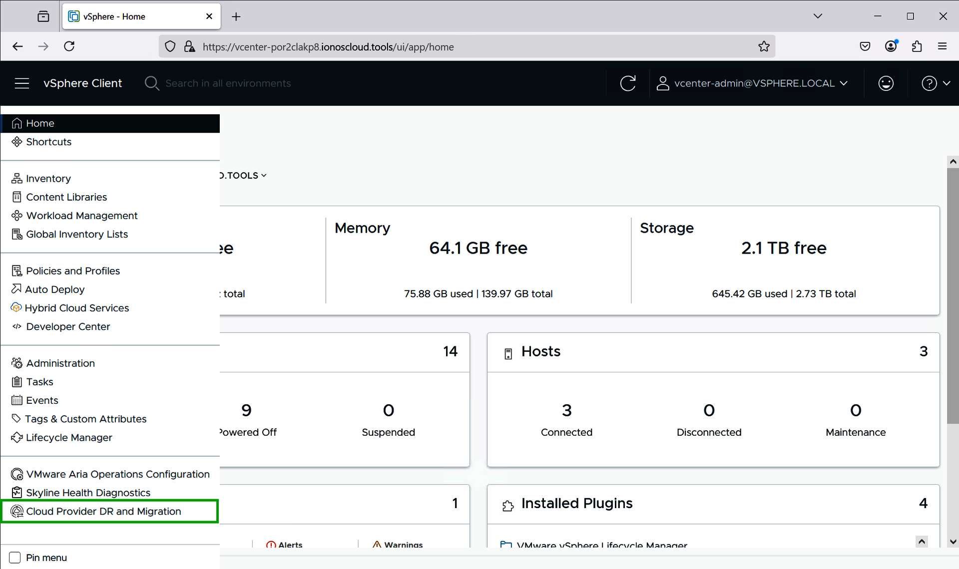 Cloud Provider DR and Migration is highlighted on the vSphere Client page.