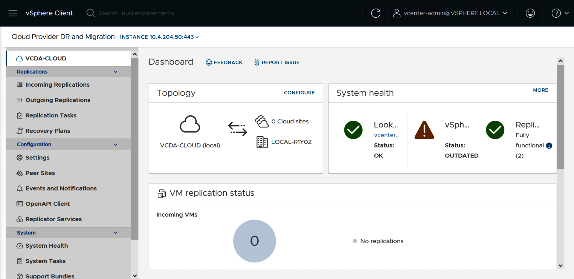 Cloud Provider DR and Migration dashboard in the vSphere Client.