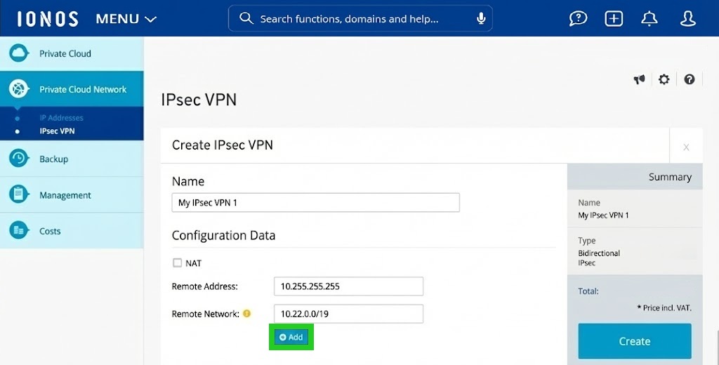 The Add button is highlighted on the Create IPsec VPN page.