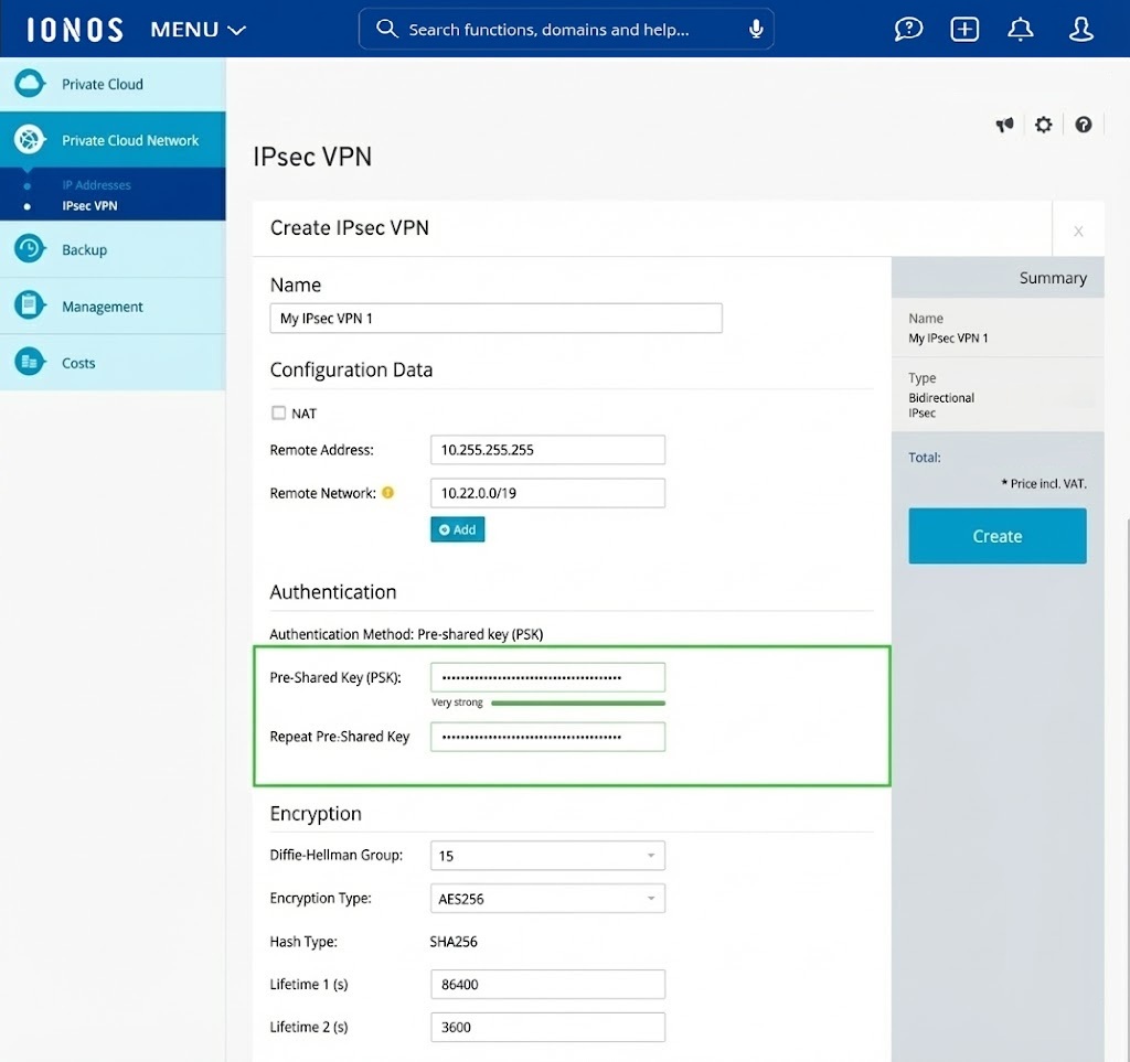 The Pre-shared Keys area is highlighted on the Create IPsec VPN page.