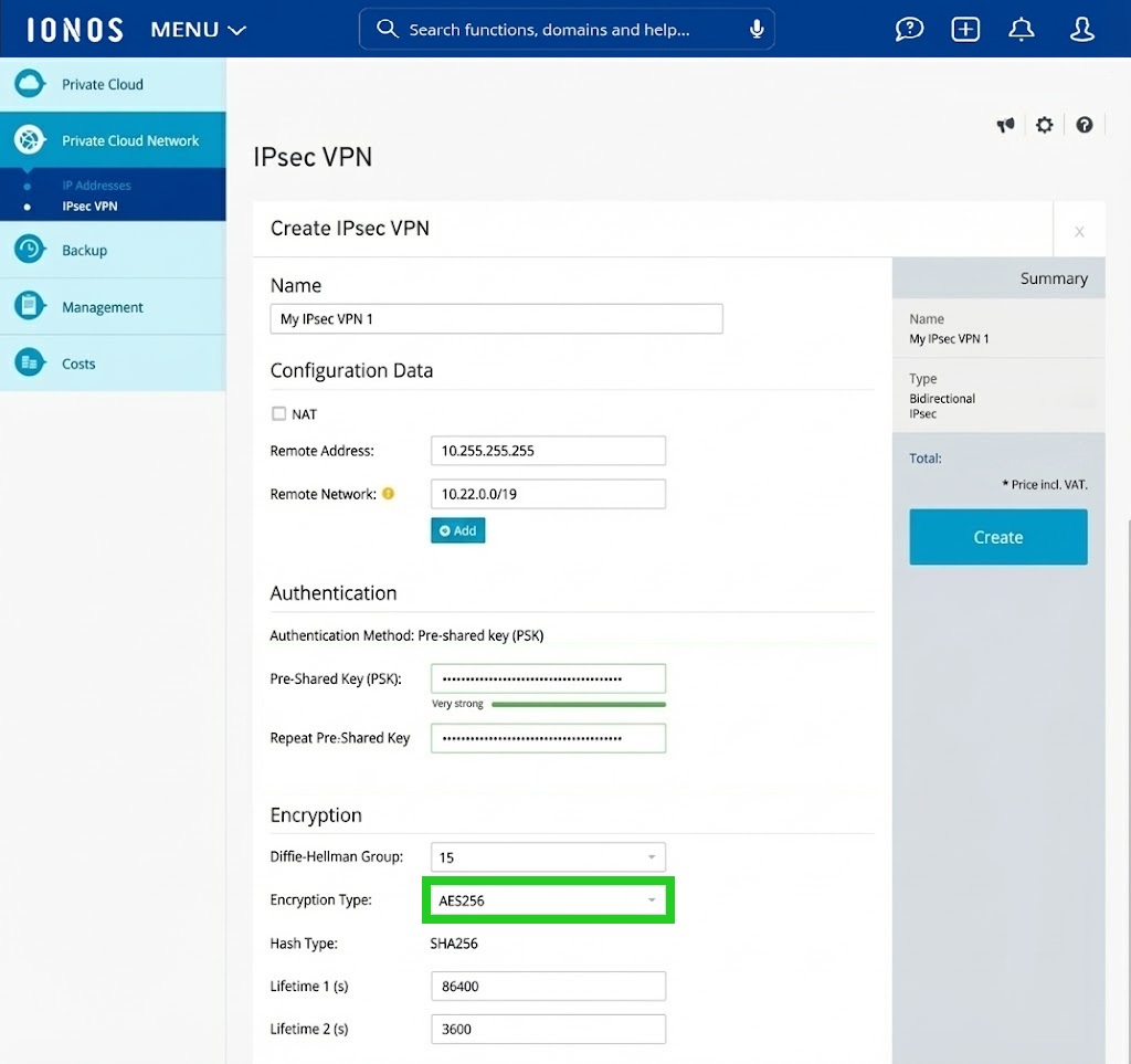 The AES256 Encryption Type is highlighted on the Create IPsec VPN page.