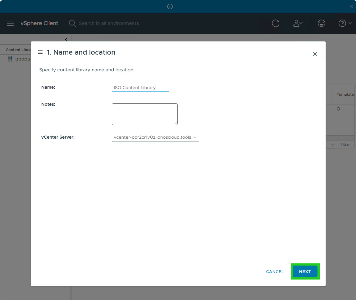 The Next button is highlighted on the Name and location window of the vSphere Client.