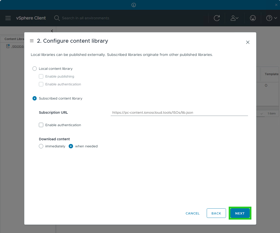 The Next button is highlighted on the Configure content library window of the vSphere Client.