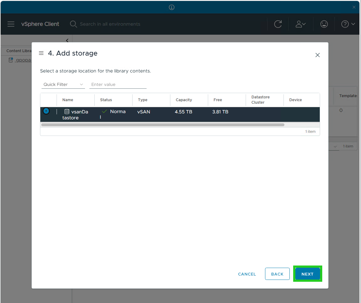 The Next button is highlighted on the Add storage window of the vSphere Client.