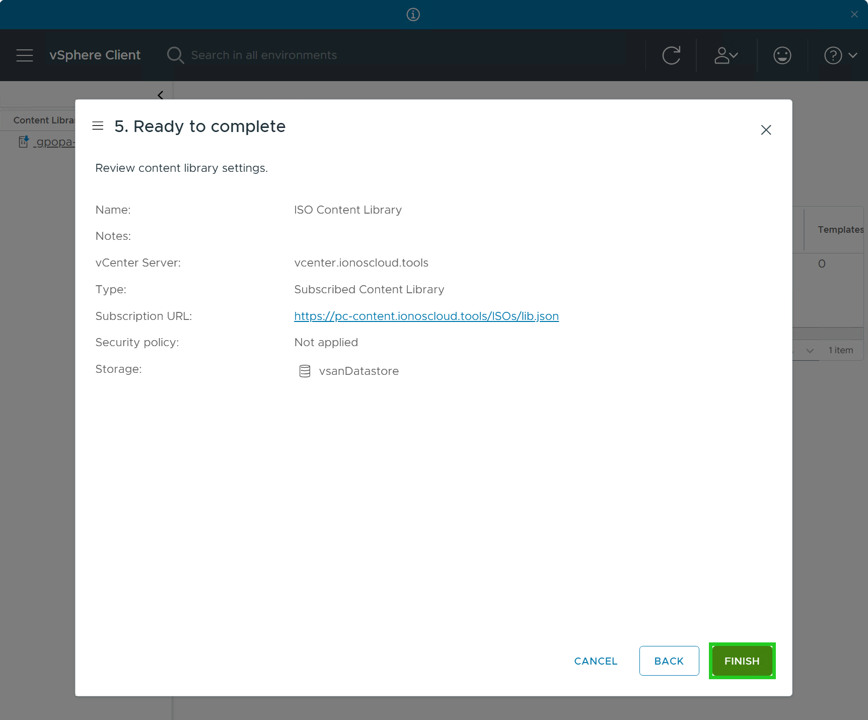 The Finish button is highlighted on the Ready to complete window of the vSphere Client.