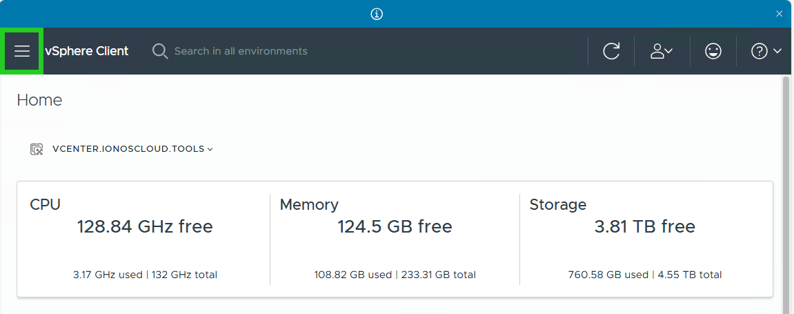 The menu button is highlighted on the vSphere Client page.