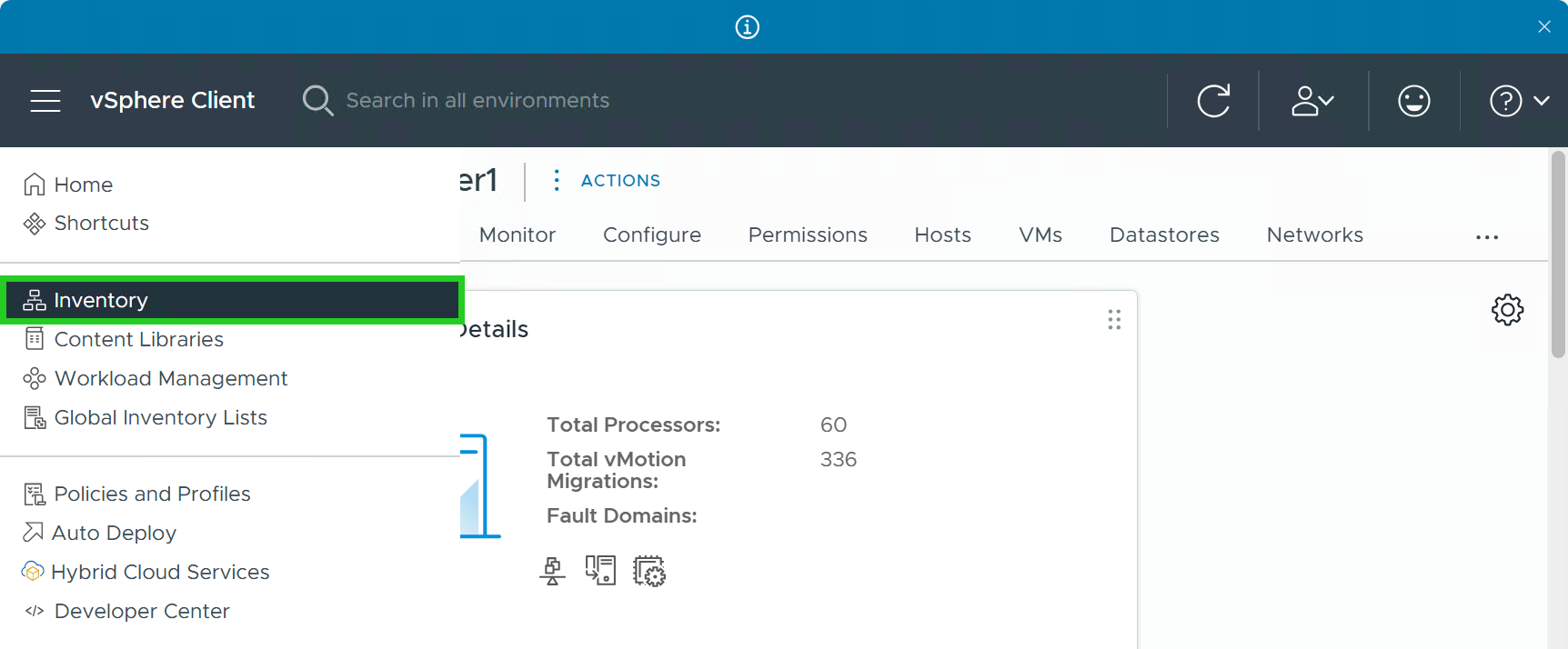 The Inventory menu option is highlighted on the vSphere Client page.