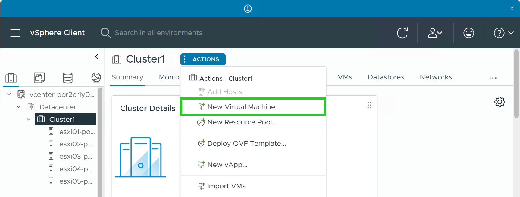 The New Virtual Machine menu option is highlighted within the Actions menu of the vSphere Client.