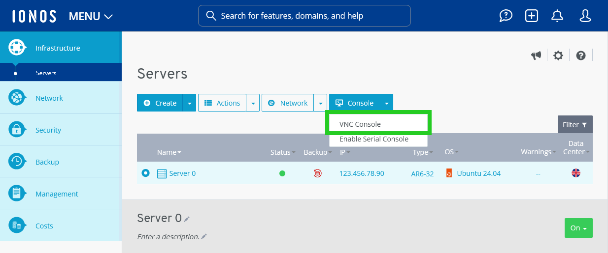 The VNC Console menu option is highlighted.