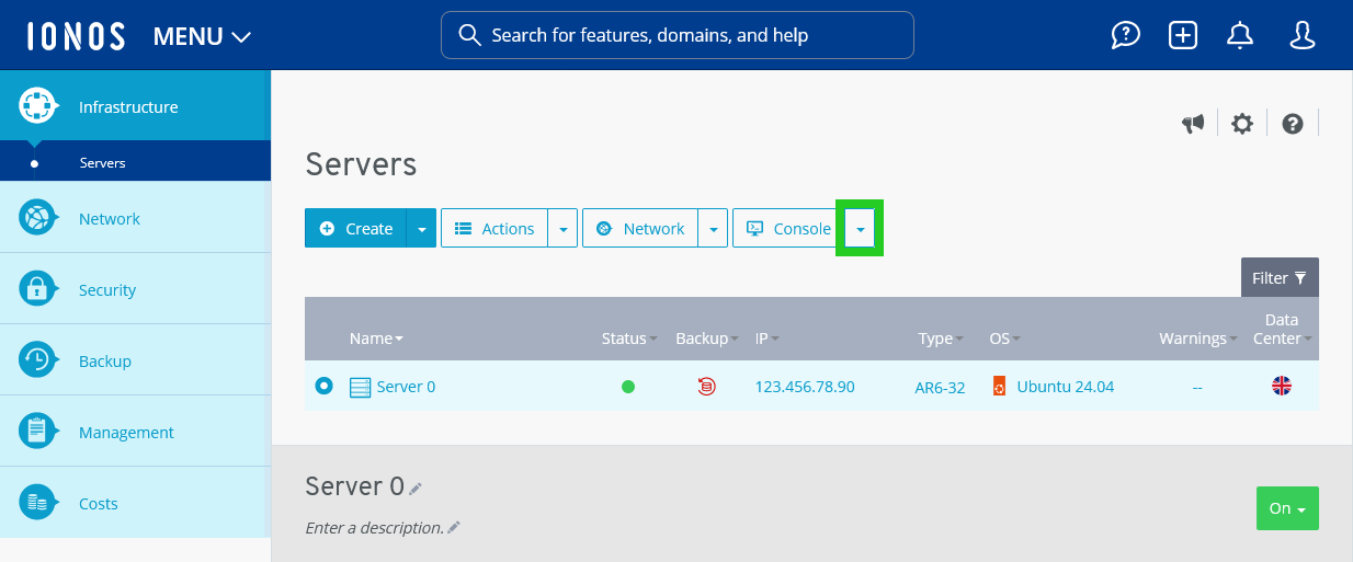The downward arrow next to the Console button is highlighted.