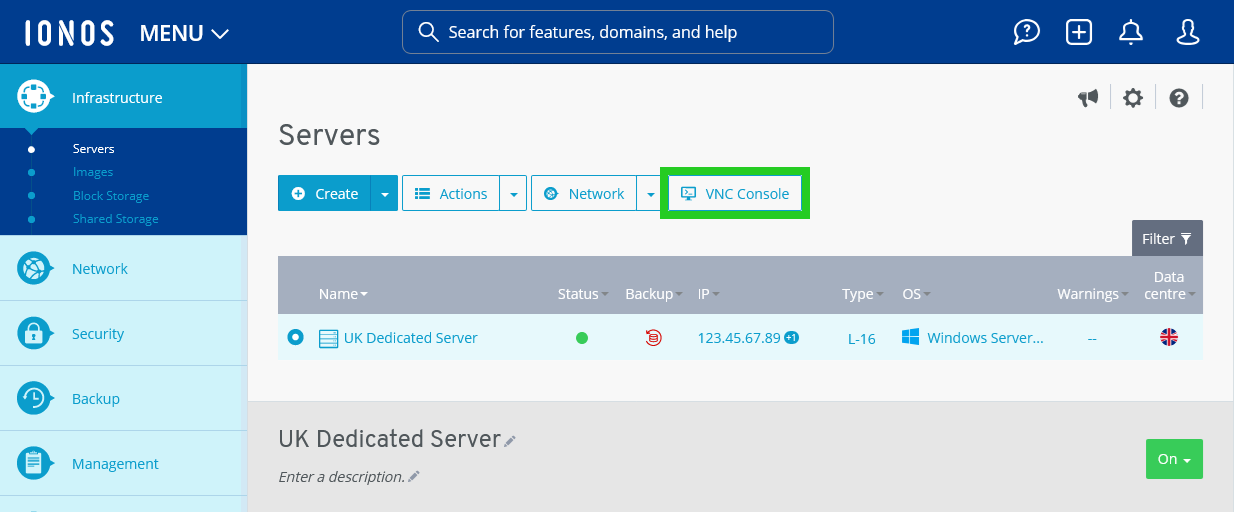The VNC Console button is highlighted.