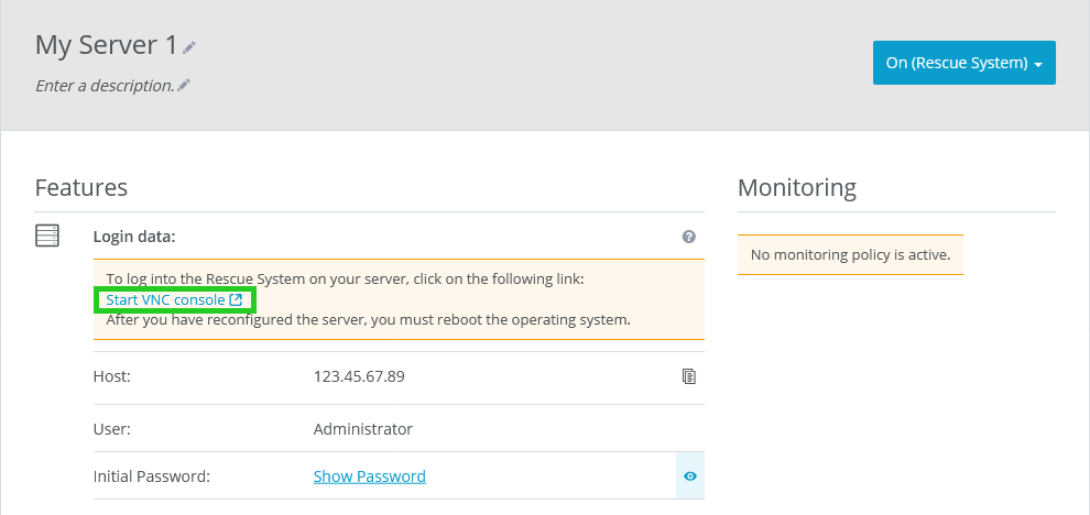 The Features section of the Cloud Panel with the Start VNC console link highlighted.