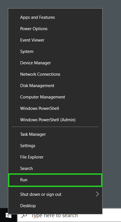 The Windows context menu with the Run option highlighted.