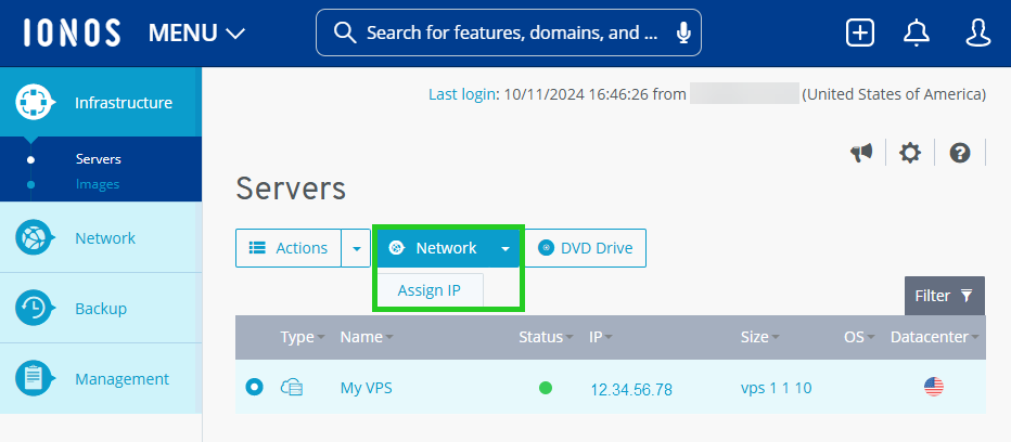 A screenshot of the IONOS Cloud Panel with the 'Assign IP' option highlighted