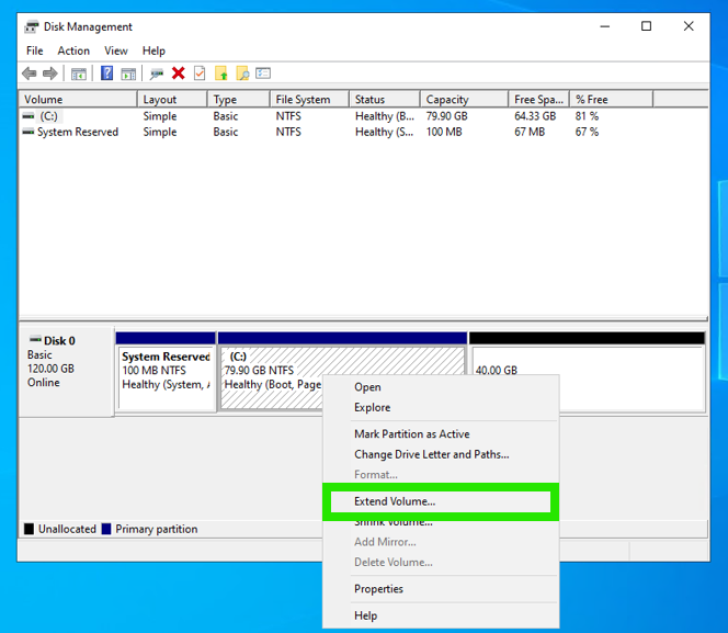 The Microsoft Windows Disk Management utility with the Extend Volume option highlighted within the right-click menu.