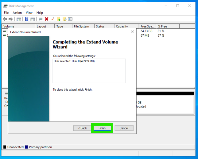 The Completing the Extend Volume Wizard screen with the Finish button highlighted.