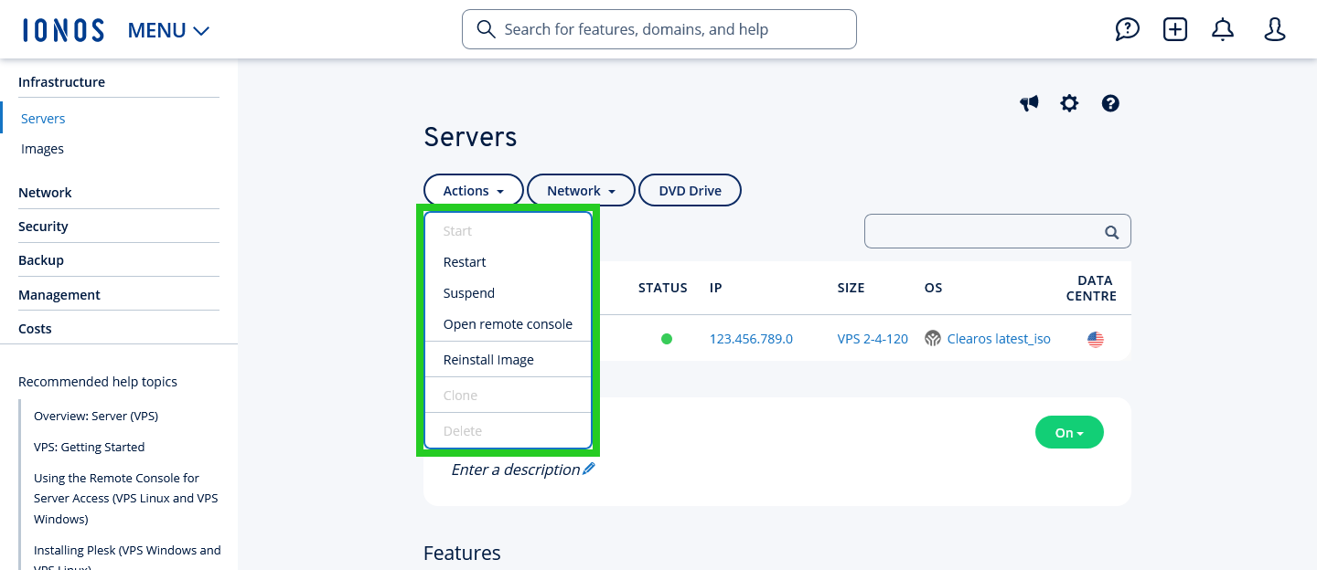 The Actions menu is highlighted in the Servers section of the Cloud Panel.