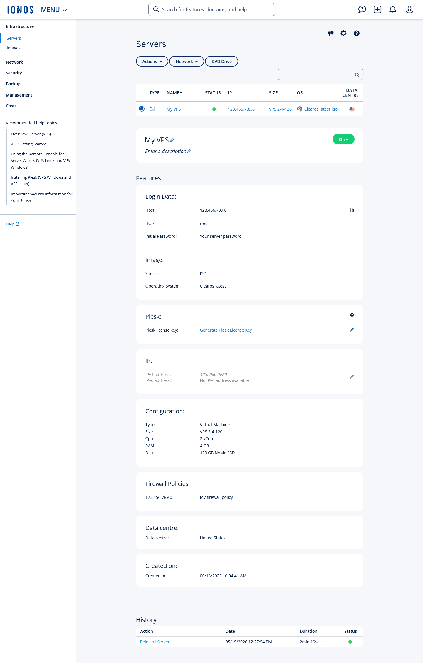 Server details are shown in the Cloud Panel.