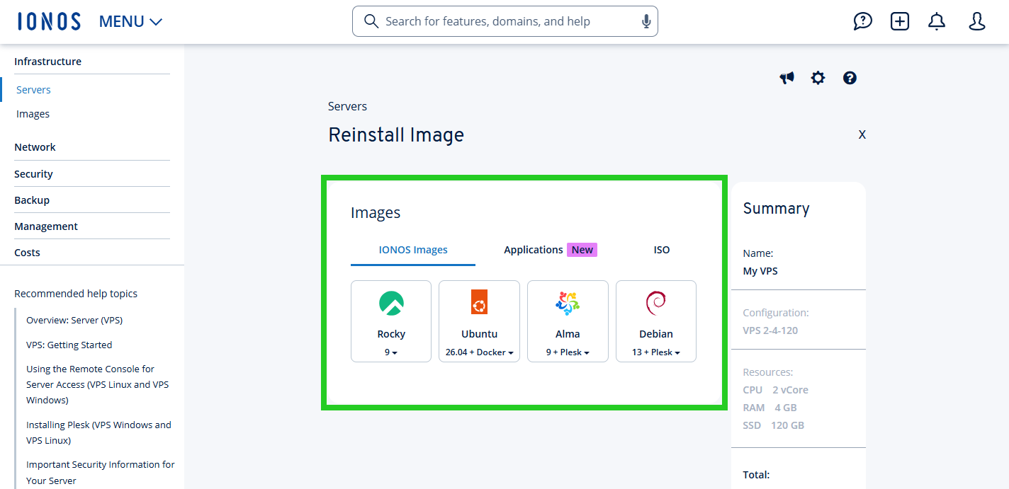 The Images section is highlighted on the Reinstall Image page.