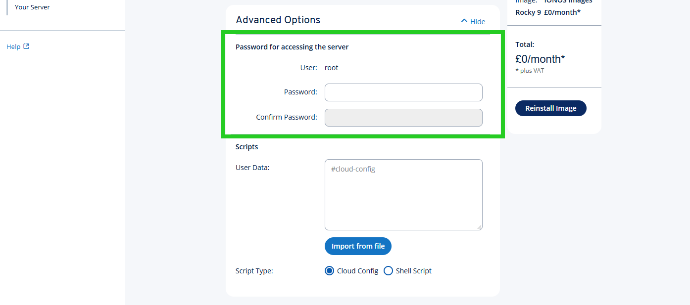 The password input fields are highlighted in the Advanced Options section.