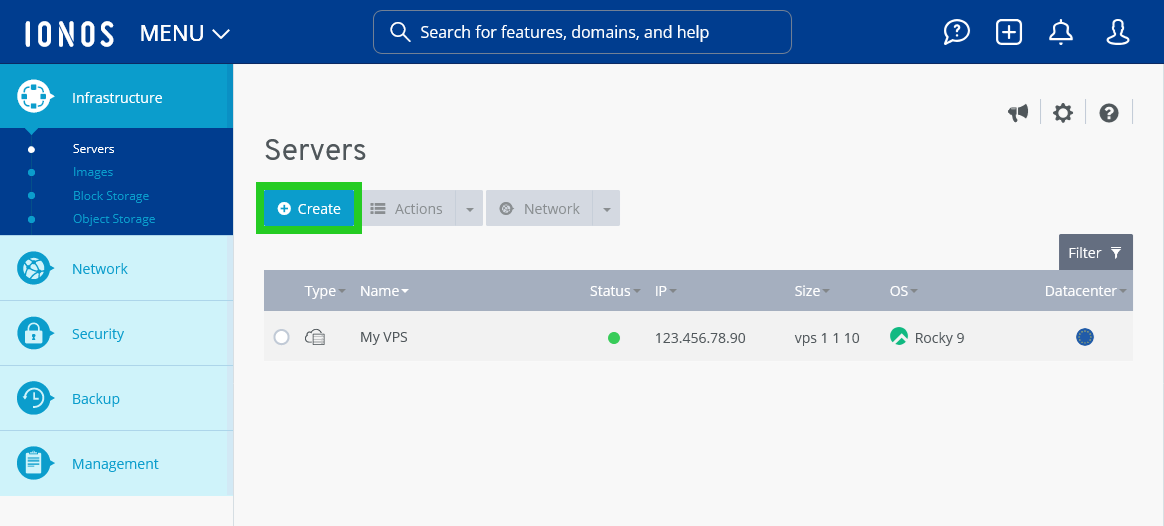 The Create button is highlighted in the Cloud Panel.