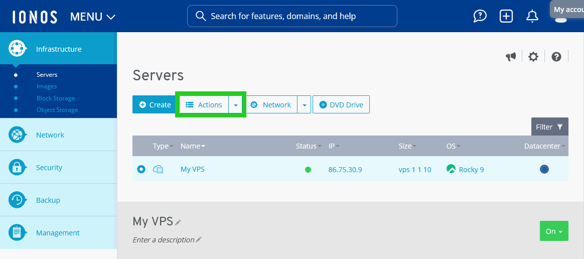 The Actions menu is highlighted within the Cloud Panel.