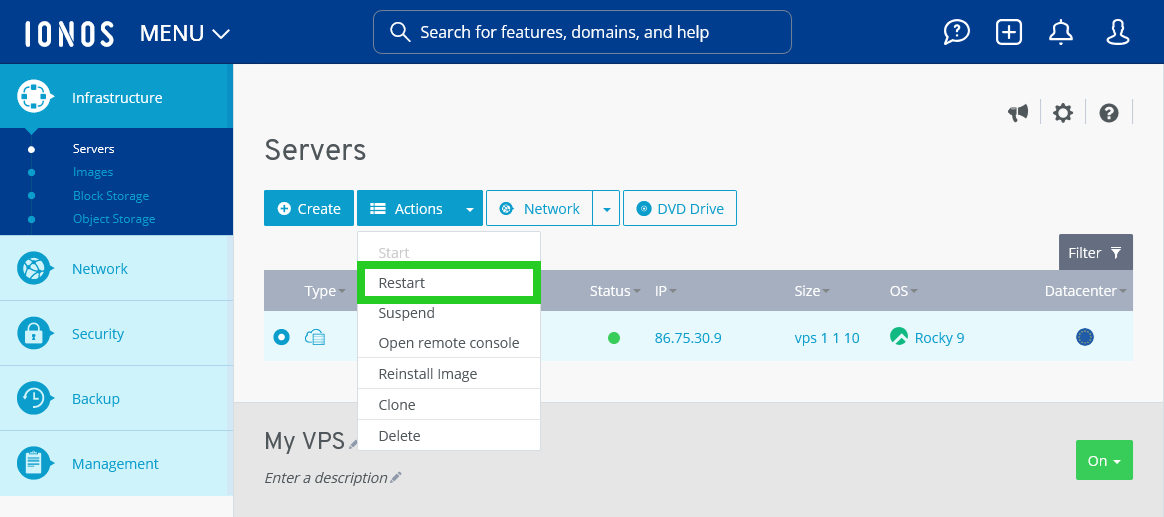 Restart is highlighted within the Actions menu.