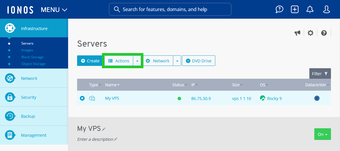 The Actions button is highlighted within the Cloud Panel.