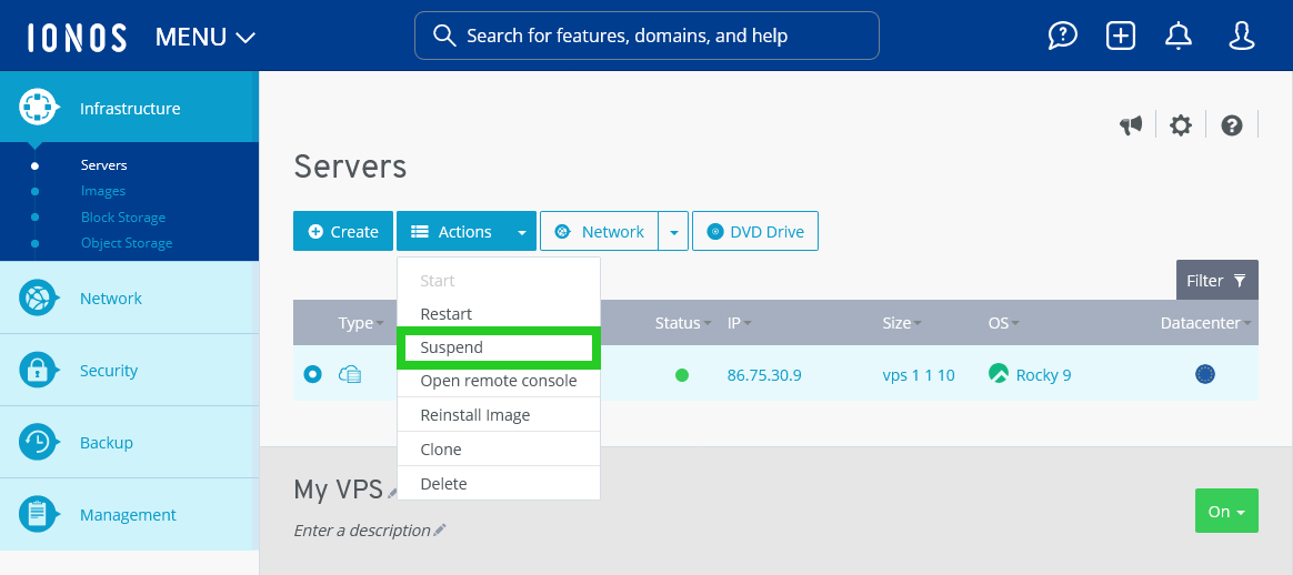 The Suspend item is highlighted within the Actions menu.