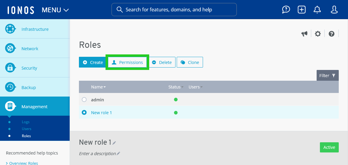 The Permissions button is highlighted on the Roles page.