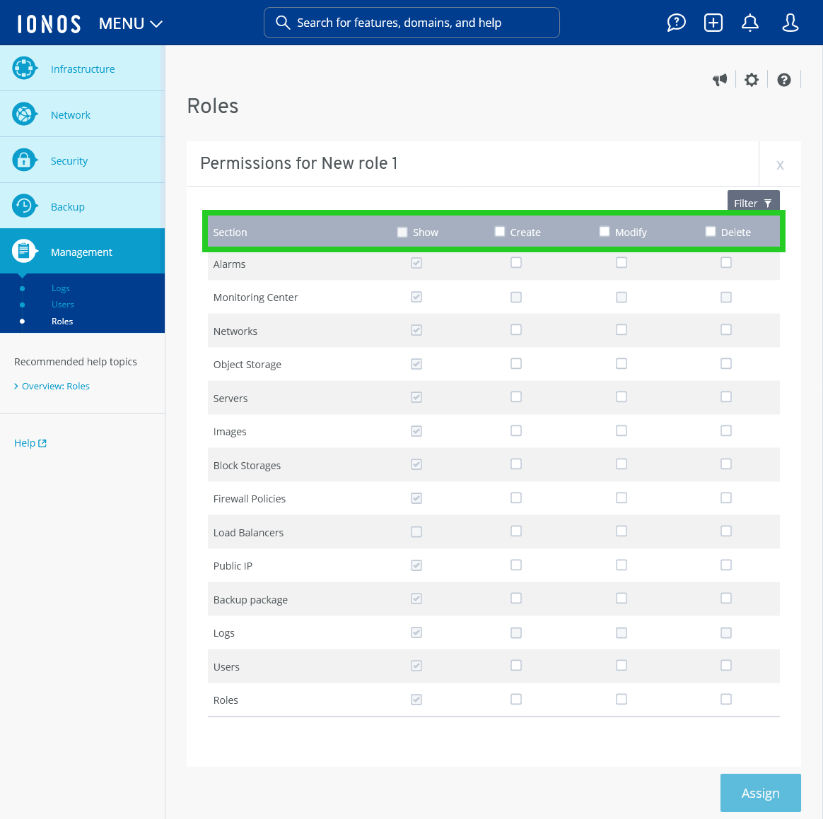 The permission groups are highlighted on the Roles page.